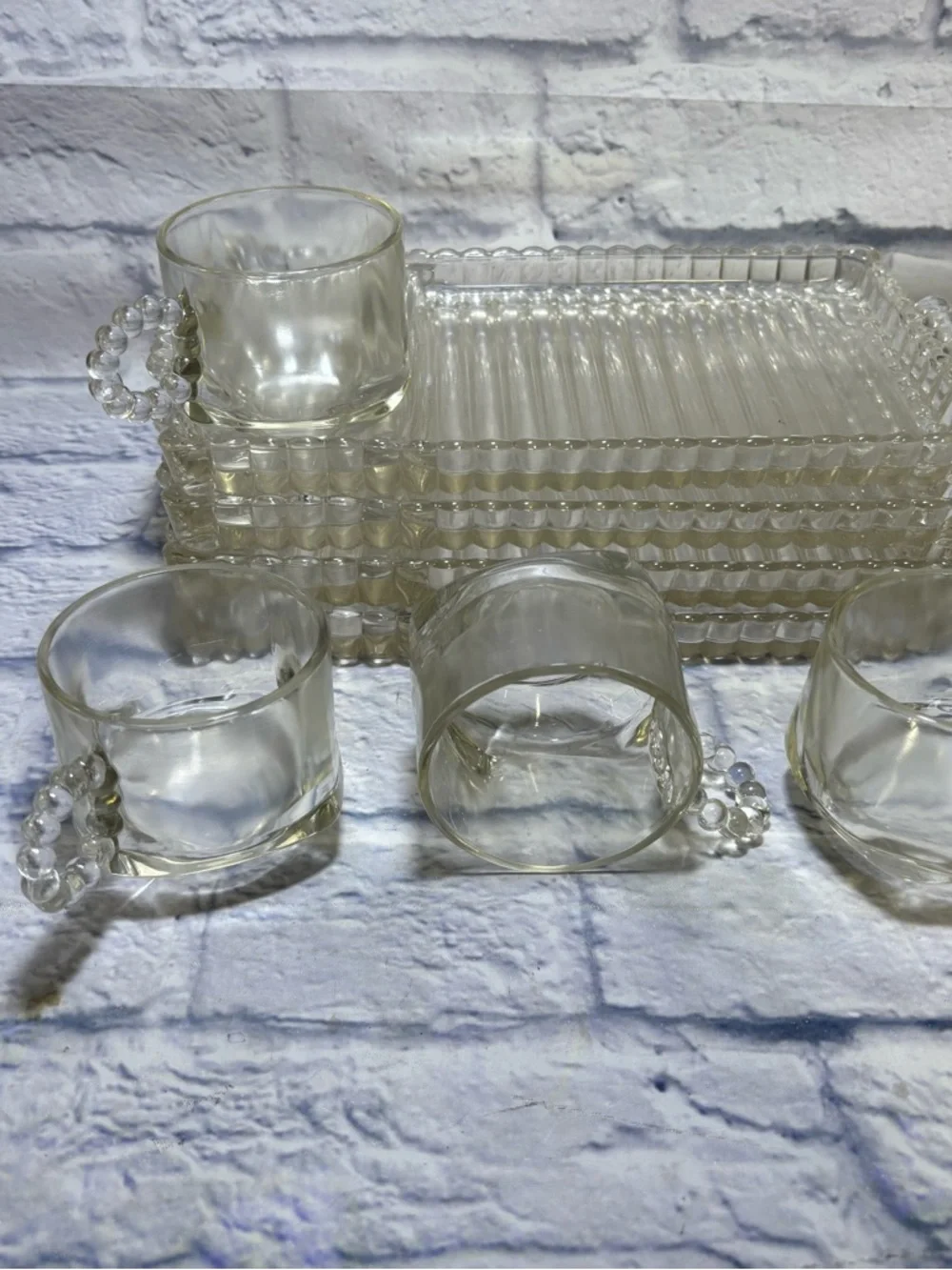 Set of 4 Vtg Hazel Atlas Glass Snack Luncheon Plates Sip And Smoke Ball & Rib